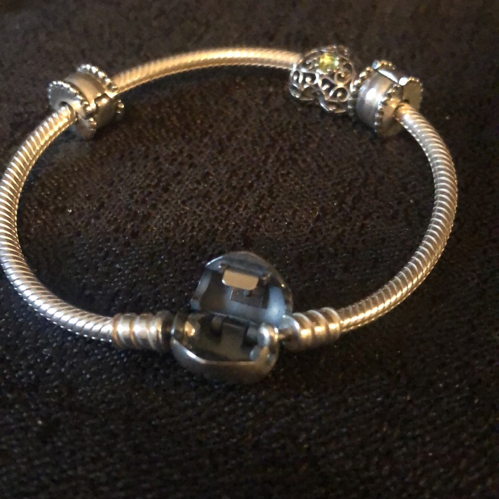 Pandora sterling heart clasp bracelet with 3 charms; green peridot birthday 7” - Picture 5 of 9